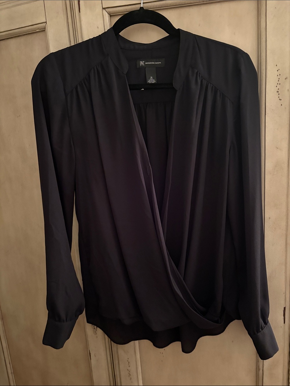 INC International Concepts Black Draped Surplice Long-Sleeve Blouse